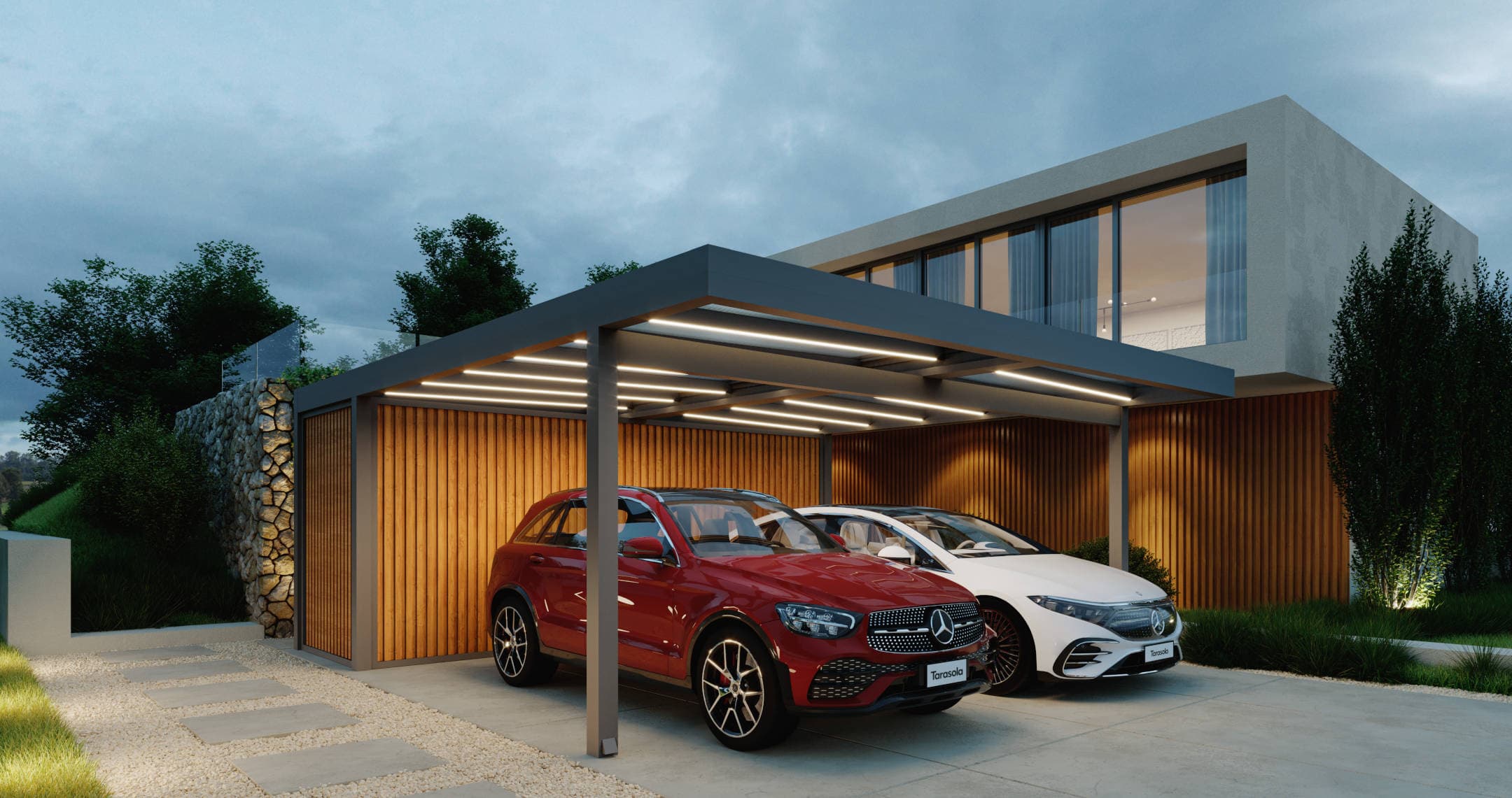 Zadaszenie tarasowe Tarasola Carport z pomieszczeniem gospodarczym — realizacja Jarys Trójmiasto
